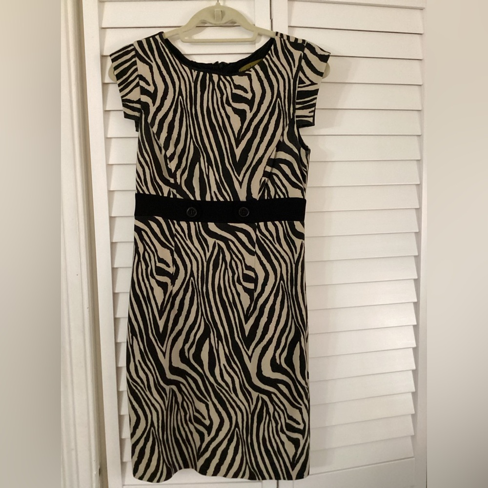 Nicole Miller Studio One Black & Beige Zebra Animal Print Sheath Dress Small